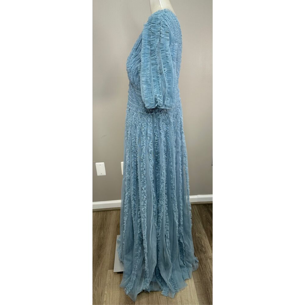 MAC DUGGAL Blue V Neck Puff Sleeve Ruffle Tiered A Line Gown Size 10 $598 - Picture 5 of 9
